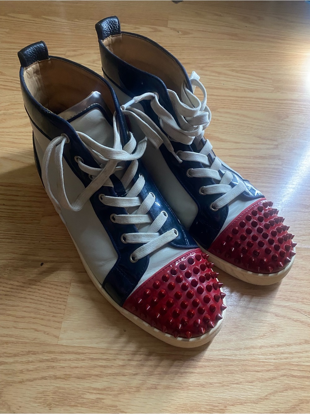 Vintage Christian Louboutin High-Top Spiked Toe Sneakers in Red, Navy and White